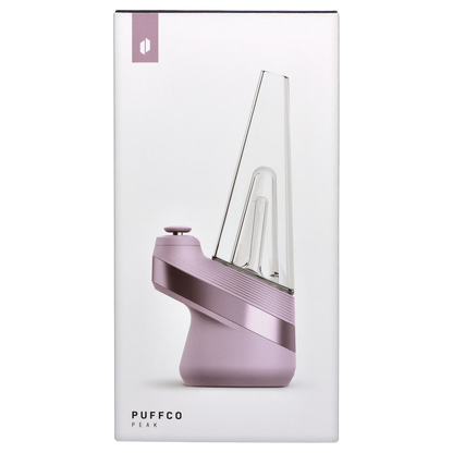 Side profile close-up of the lilac Puffco New Peak - Glückseligkeit against a clean white background showing its angled glass attachment and ridged metallic base.