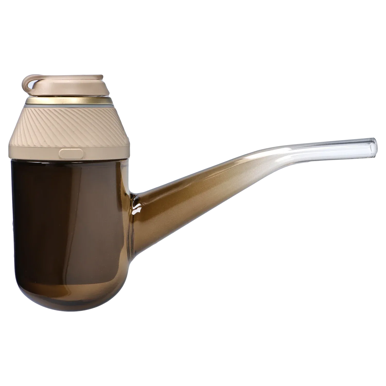Side profile of the Proxy – Desert showing a tan ribbed cap and long translucent brown spout against a white background.