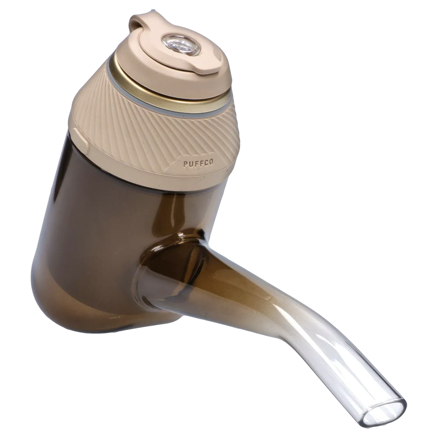 Angled close-up of the PUFFCO Proxy – Desert showing its textured tan cap and smoky translucent body and mouthpiece.