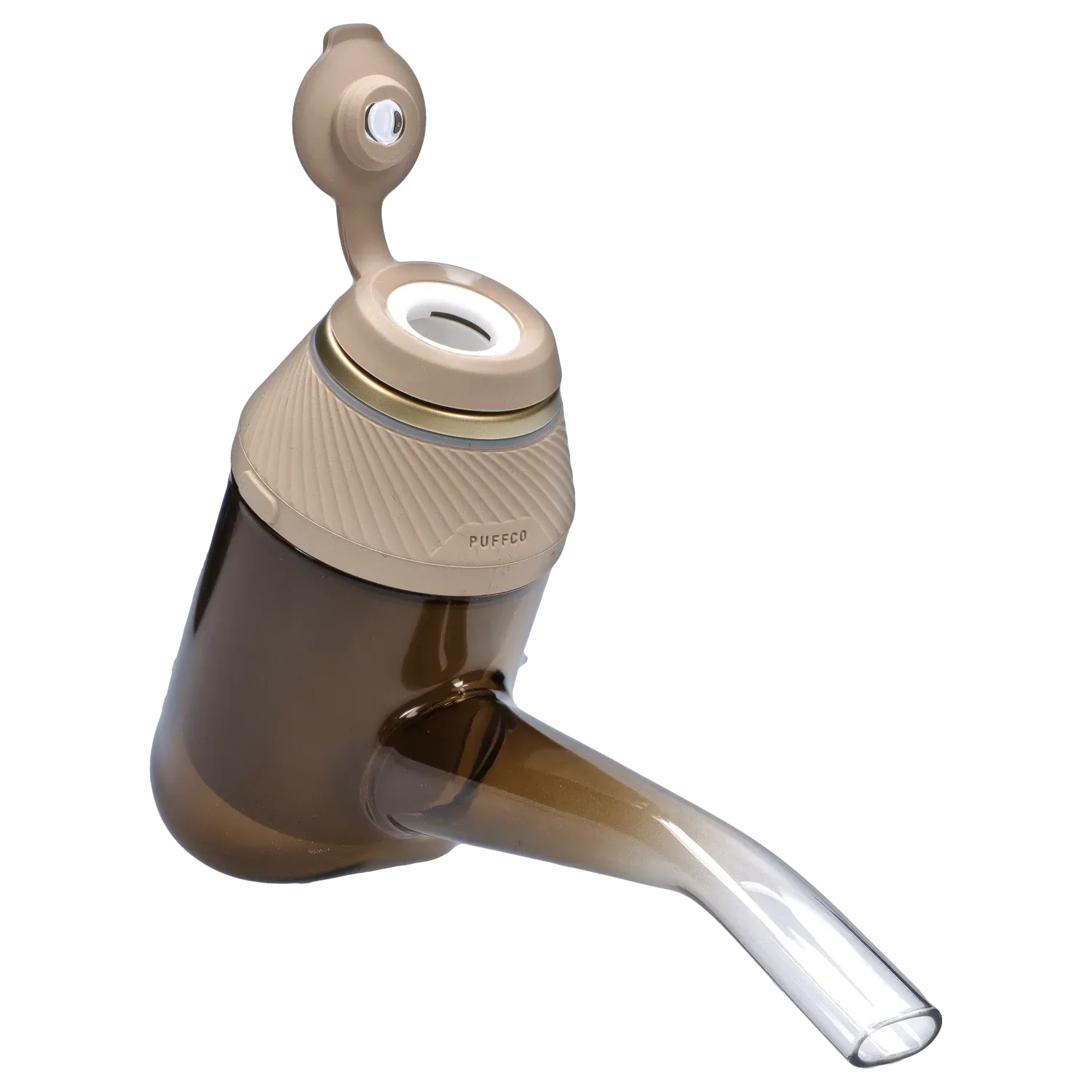 Angled close-up of the translucent brown Proxy – Desert showing its opened tan mouthpiece, textured top ring, and curved clear stem.