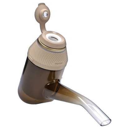 Angled close-up of the translucent brown Proxy – Desert showing its opened tan mouthpiece, textured top ring, and curved clear stem.