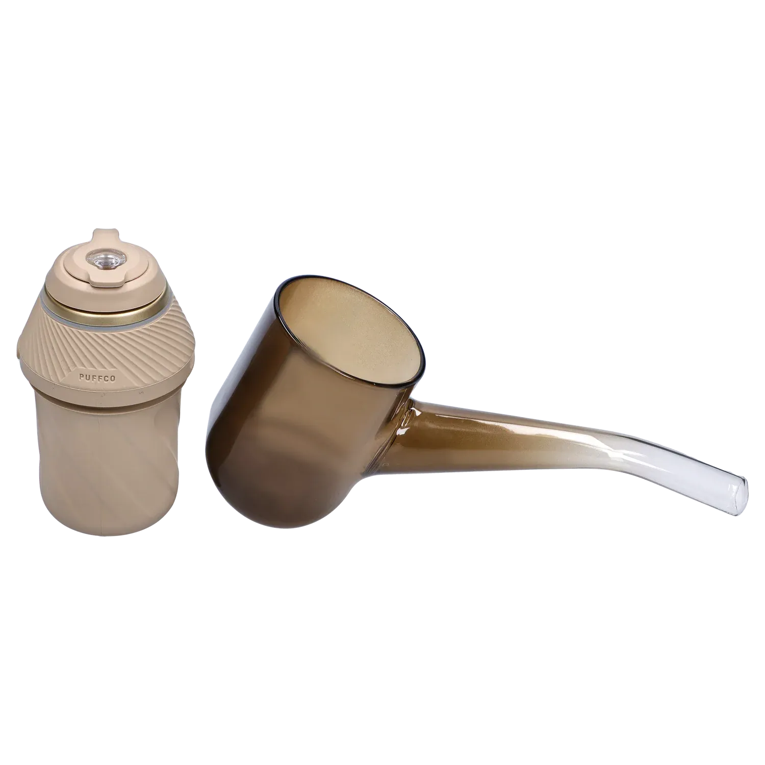 Side view of the tan Proxy – Desert showing the textured cylindrical base with "PUFFCO" branding and a translucent brown glass attachment.
