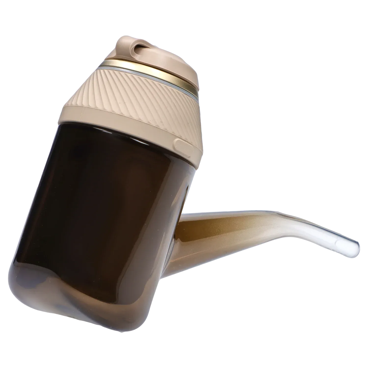 Angled close-up of the tan and brown Proxy – Desert bottle showing its textured twist cap and spout against a white background