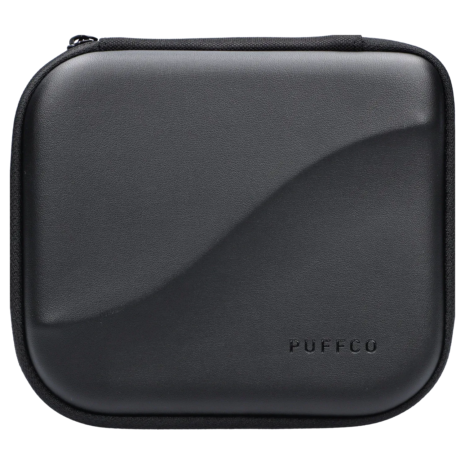 Top-down close-up of the black Proxy – Desert travel case showing its textured shell, zipper edge, and embossed PUFFCO logo.
