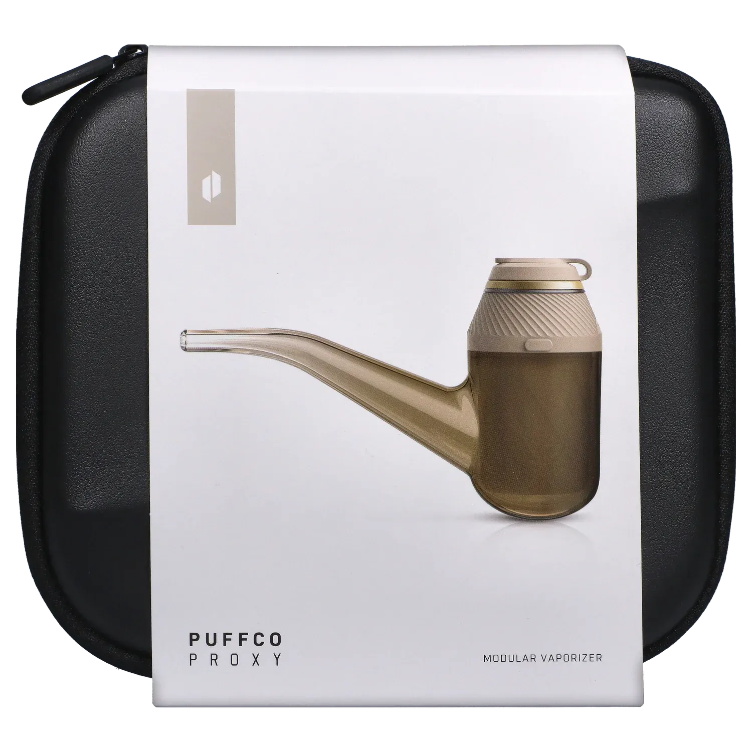 Top-down product shot of the brown Puffco Proxy – Desert modular vaporizer resting on its white packaging against a black zippered case.