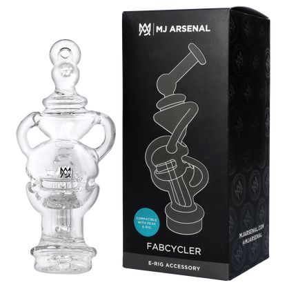 A detailed close-up of the Puffco Peak Top - Fabcycler, showing its frosted glass texture and unique, swirling design.