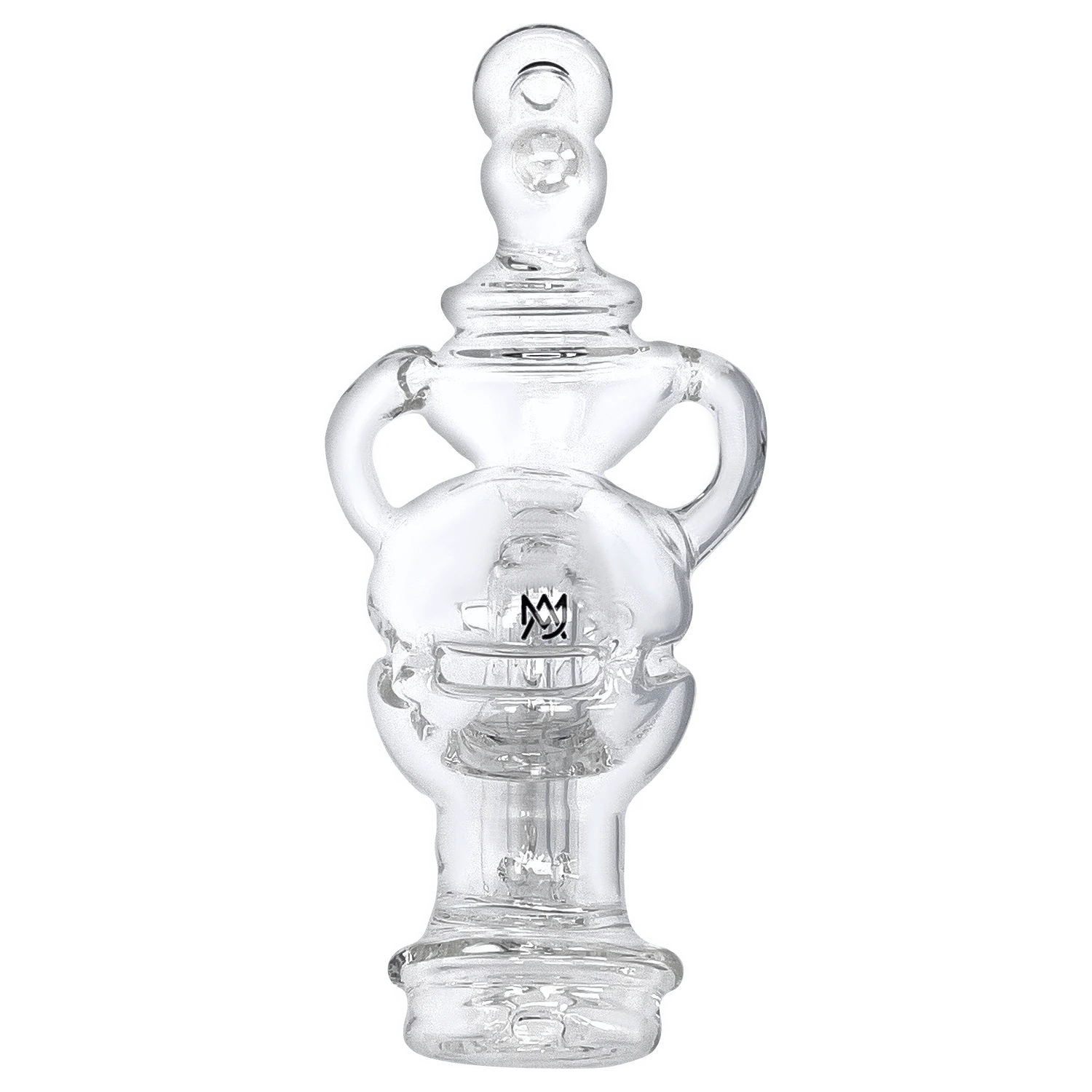 Front view of the Puffco Peak Top - Fabcycler, a clear glass attachment with a rounded, bulbous design.
