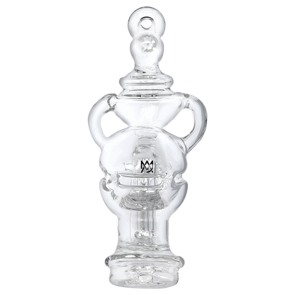 Front view of the Puffco Peak Top - Fabcycler, a clear glass attachment with a rounded, bulbous design.