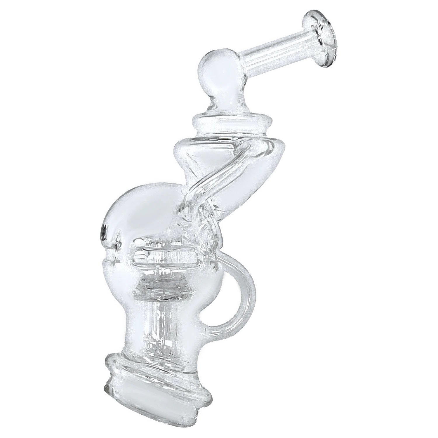 A close-up, angled view of the Puffco Peak Top - Fabcycler, showcasing its clear glass construction and unique, circular design.