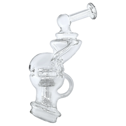 A close-up, angled view of the Puffco Peak Top - Fabcycler, showcasing its clear glass construction and unique, circular design.