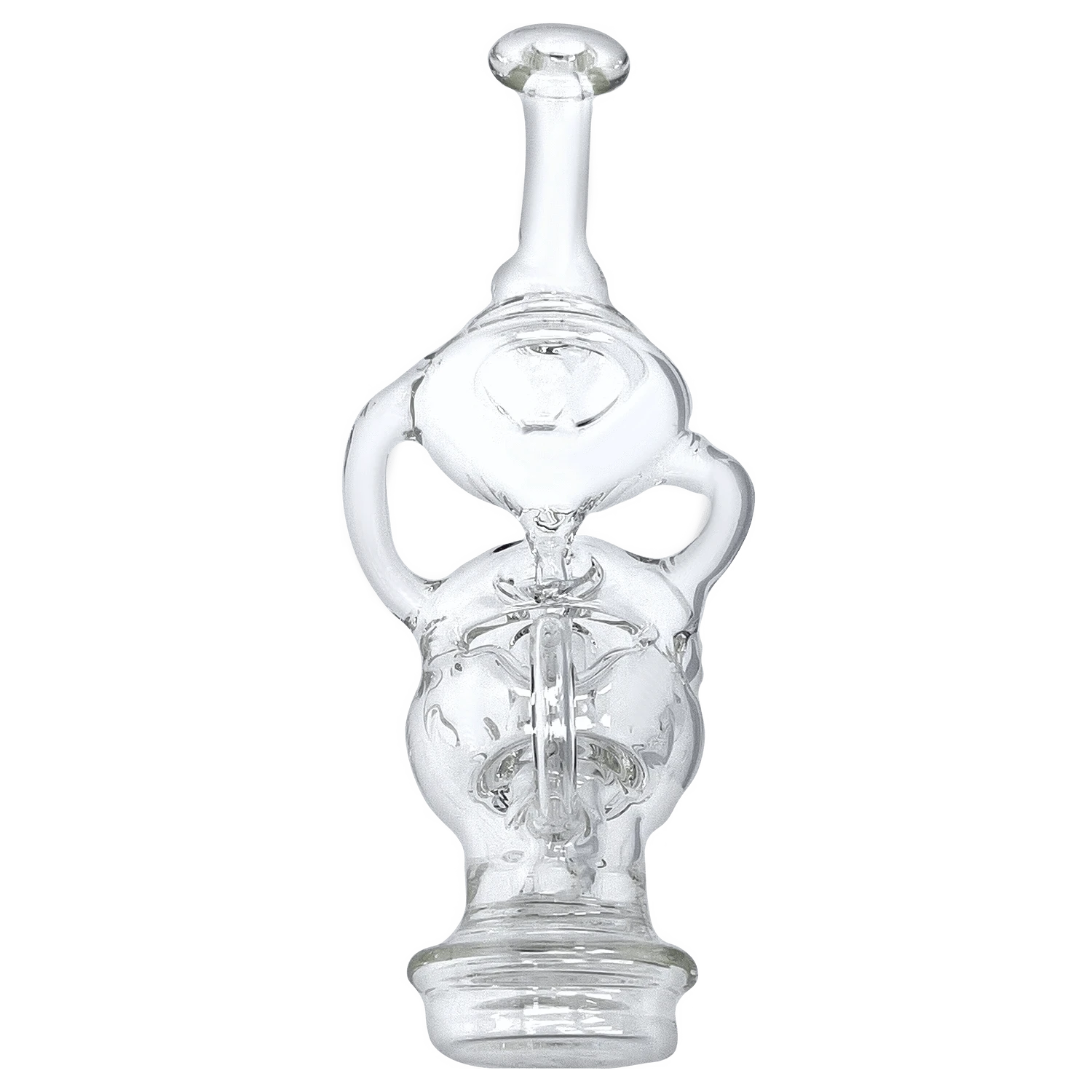 Front view of the Puffco Peak Top - Fabcycler, a clear glass attachment with a rounded, bulbous shape and visible internal structure.