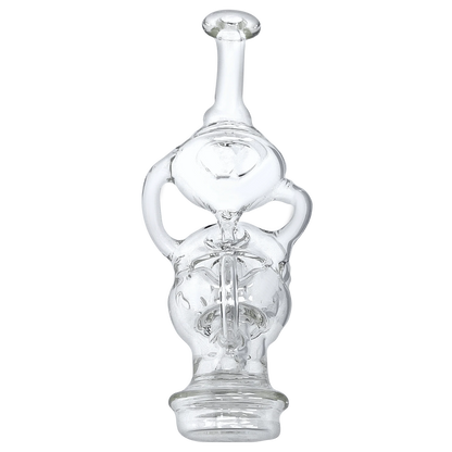 Front view of the Puffco Peak Top - Fabcycler, a clear glass attachment with a rounded, bulbous shape and visible internal structure.