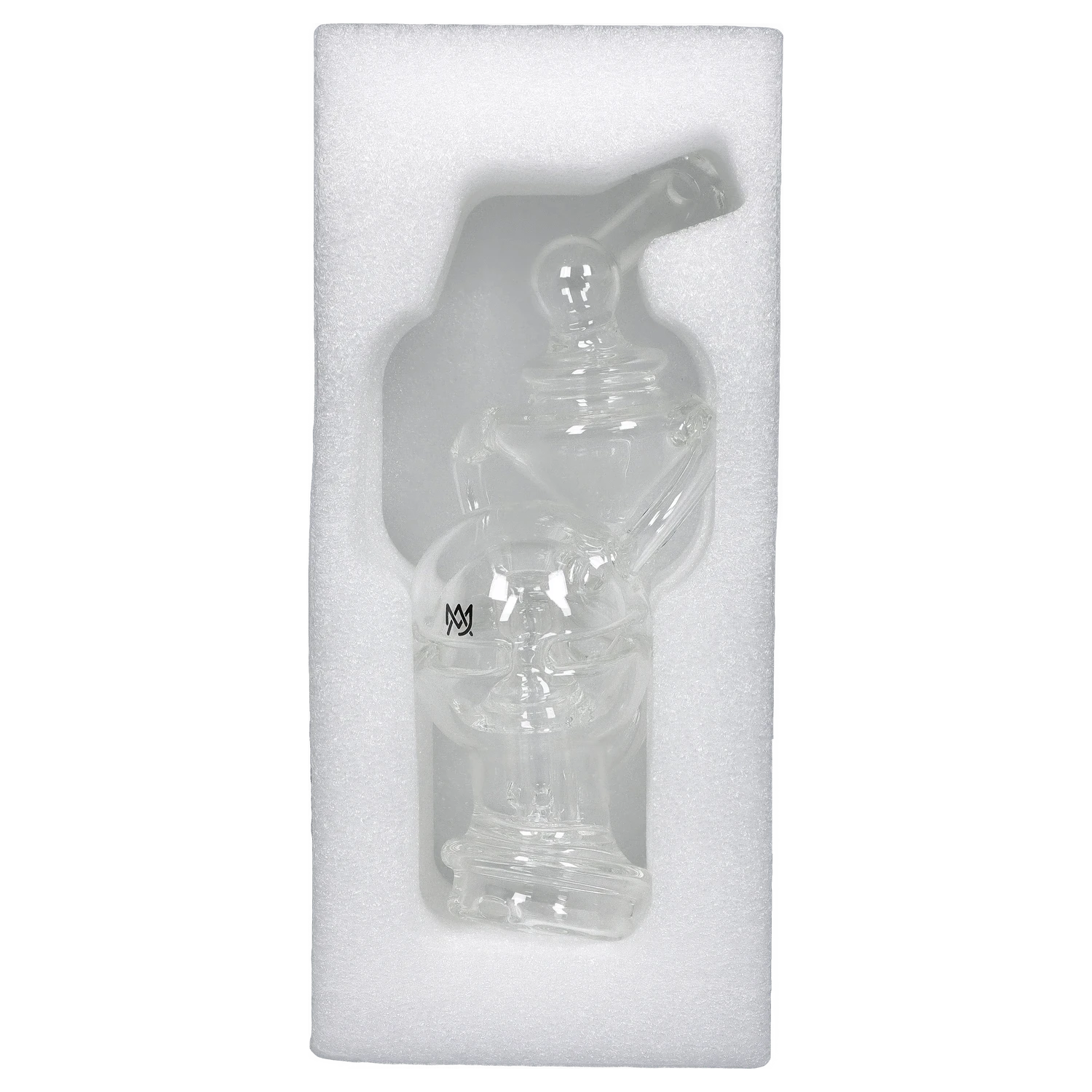 Front view of the Puffco Peak Top - Fabcycler, a clear glass attachment, angled against a white background.