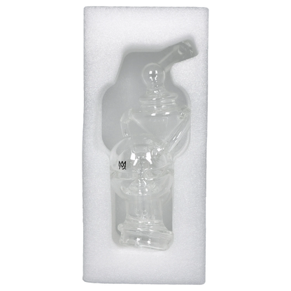 Front view of the Puffco Peak Top - Fabcycler, a clear glass attachment, angled against a white background.