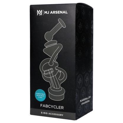 Front view of the Puffco Peak Top - Fabcycler, a clear glass attachment presented against a patterned dark background.