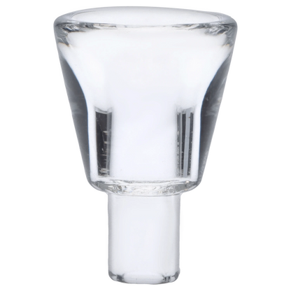 A close-up, angled view of the Puffco Peak Top - Medusa, showcasing its clear glass construction and unique sculpted design.