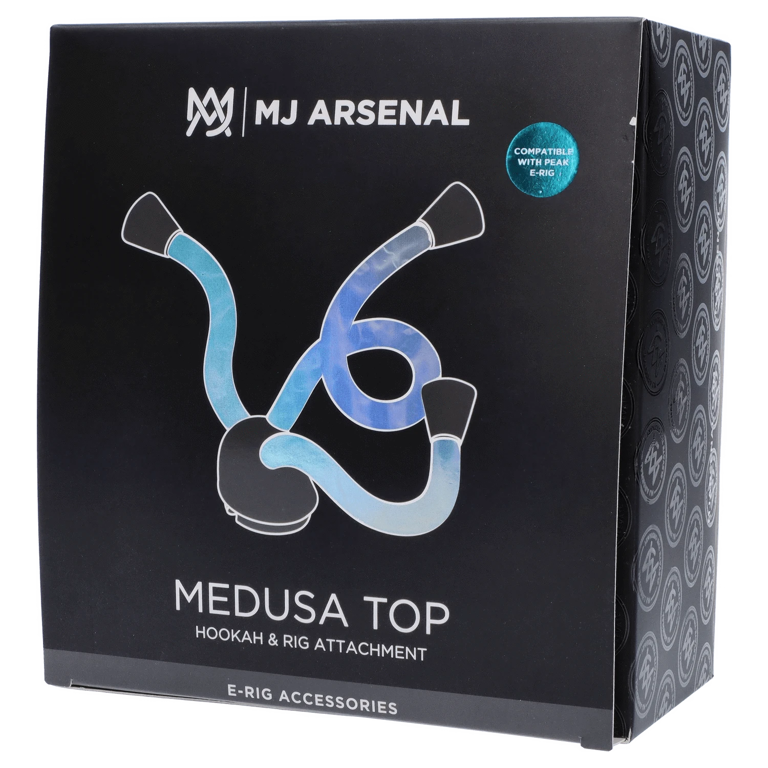 A close-up of the Puffco Peak Top - Medusa, showcasing its unique, curved design against a patterned background.