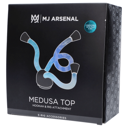 A close-up of the Puffco Peak Top - Medusa, showcasing its unique, curved design against a patterned background.