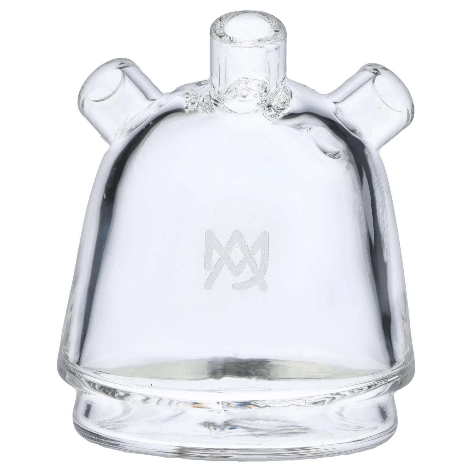 A slightly angled studio shot of the Puffco Peak Top - Medusa, showcasing its clear glass construction and smooth, rounded form.