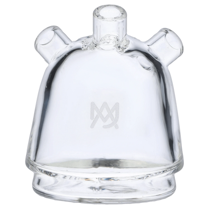 A slightly angled studio shot of the Puffco Peak Top - Medusa, showcasing its clear glass construction and smooth, rounded form.