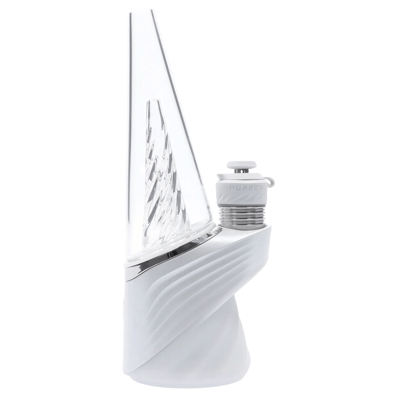 Angled close-up of the white Puffco Peak Pro 3DXL – Pearl showing its tall glass cone with textured inner swirl and the branded mouthpiece assembly.