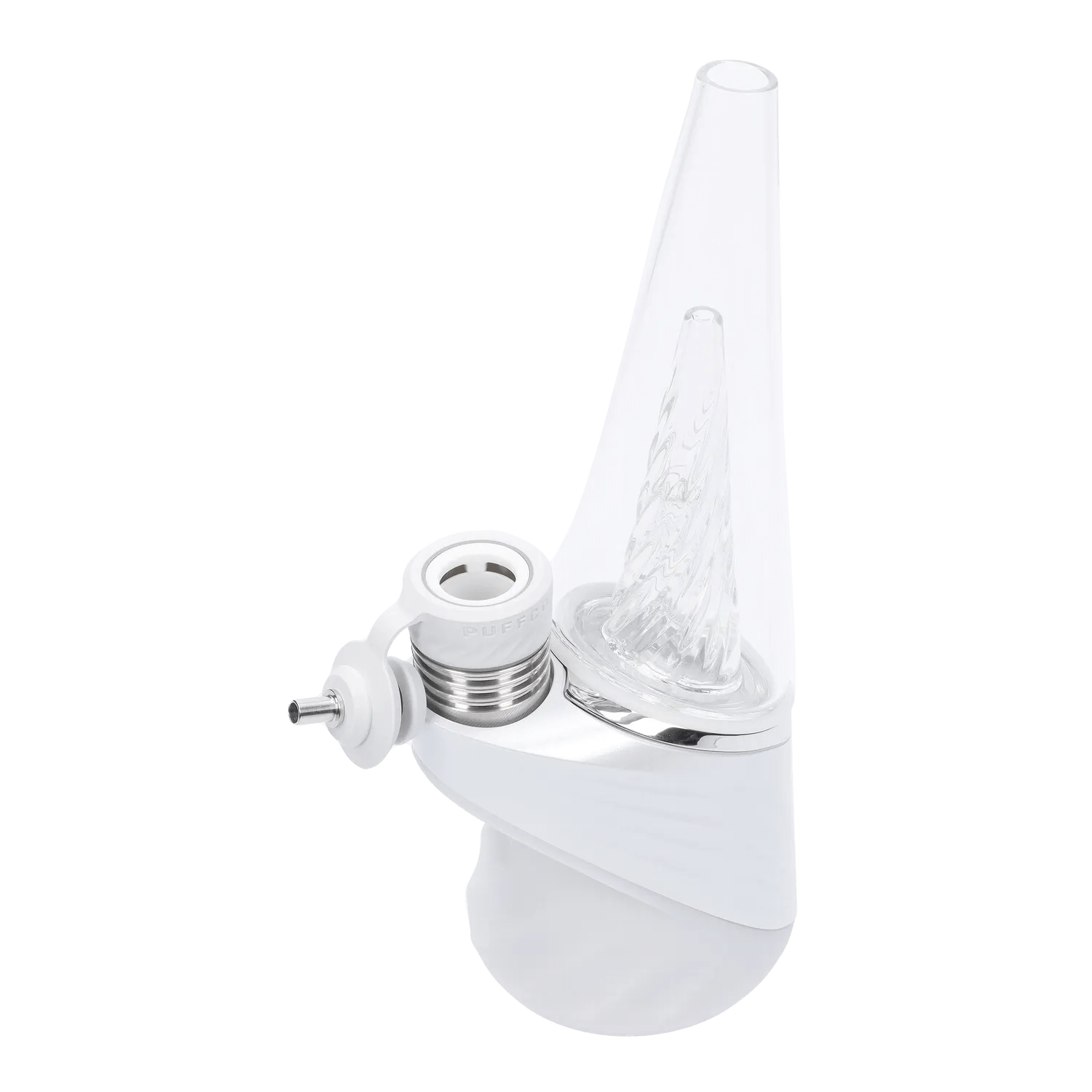 Angled close-up of the white Puffco Peak Pro 3DXL – Pearl showing its glass cone, spiral percolator detail, and stainless mouthpiece.