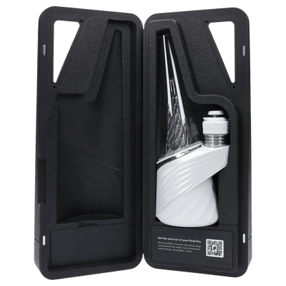 Right-side close-up of the Puffco Peak Pro 3DXL – Pearl seated in its foam-lined black carrying case, showing the white swirled base and clear glass cone.
