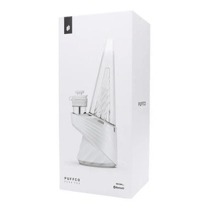 Three-quarter view of the white Puffco Peak Pro 3DXL – Pearl on its retail box, shown against a plain background with soft studio lighting