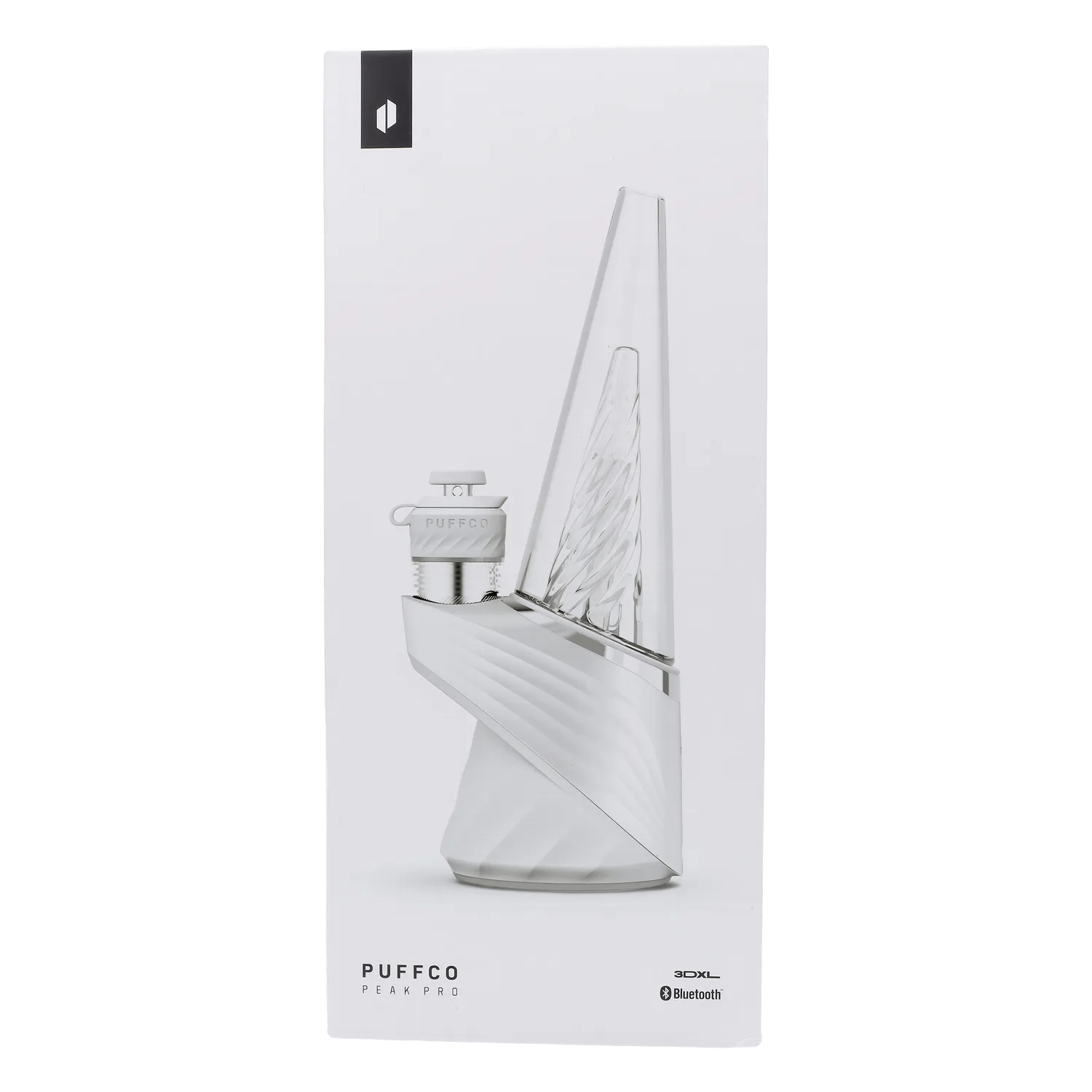 Tall studio-shot of the white Puffco Peak Pro 3DXL – Pearl angled to show its twisted clear glass cone and textured base.