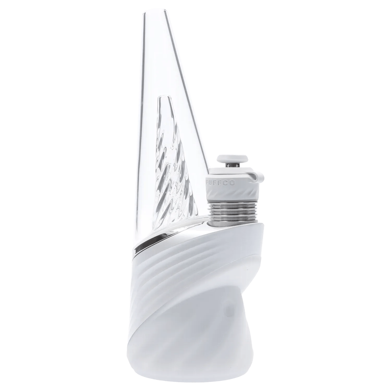 Close-up right-side view of the white Puffco Peak Pro 3DXL – Pearl showing its tall angled glass top, textured body, and metal-threaded joint.