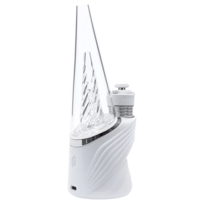 Angled close-up of the white Puffco Peak Pro 3DXL – Pearl showing its tall clear conical glass attachment and textured base.