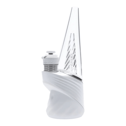 Right-side close-up of the white Puffco Peak Pro 3DXL – Pearl showing its angled clear glass cone and textured white base.