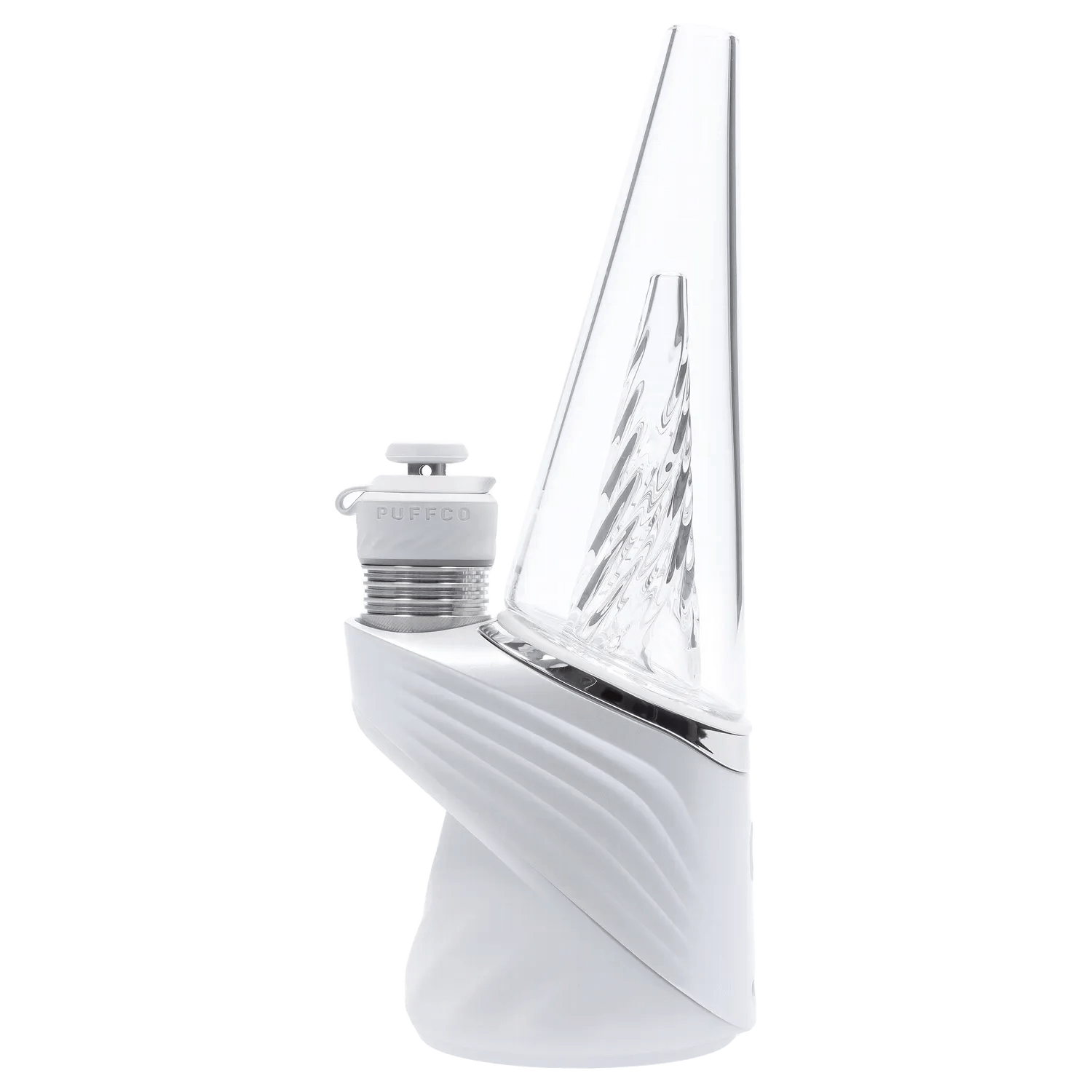 Close-up right-side view of the white Puffco Peak Pro 3DXL – Pearl showing the twisted glass cone and textured white base.
