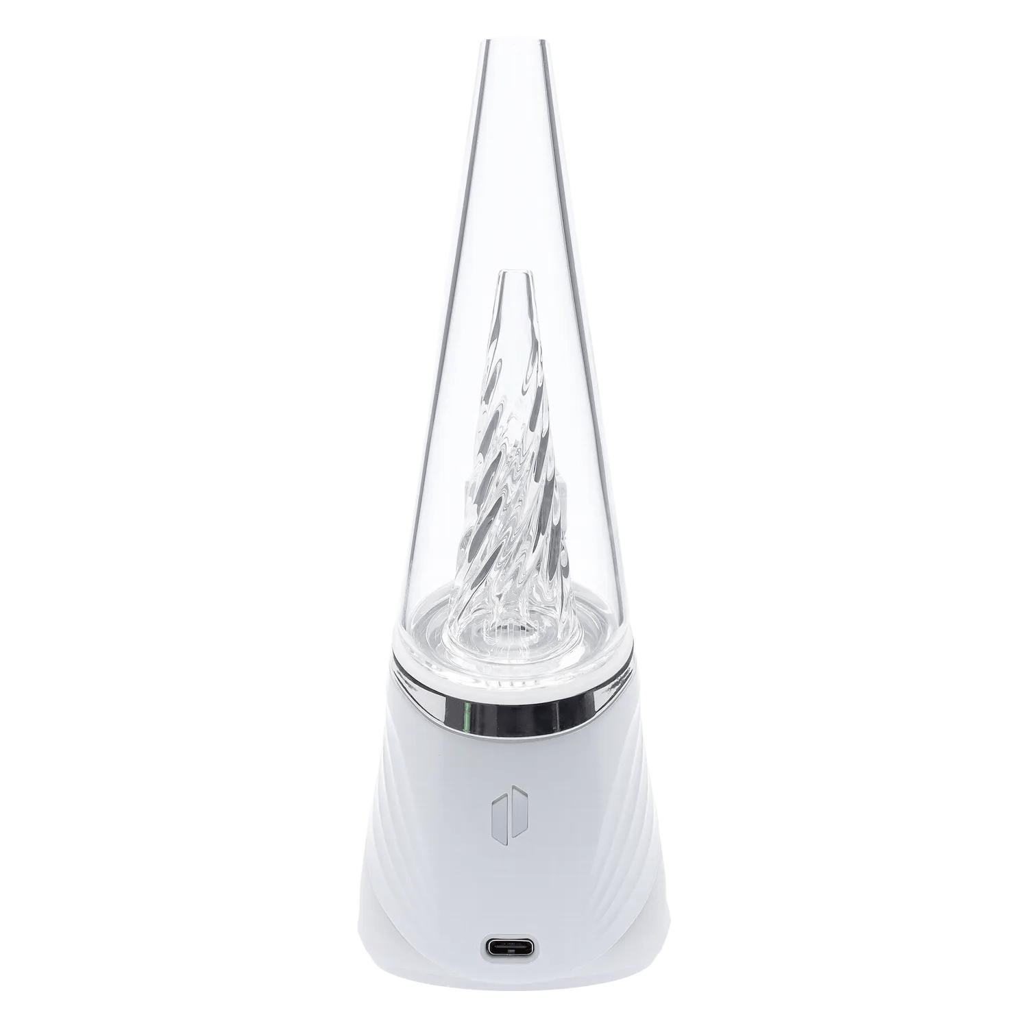 Front-facing shot of the white Puffco Peak Pro 3DXL – Pearl with its clear conical glass attachment and twisted inner insertion visible.