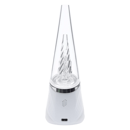 Front-facing shot of the white Puffco Peak Pro 3DXL – Pearl with its clear conical glass attachment and twisted inner insertion visible.