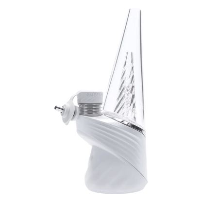 Right-side close-up of the white Puffco Peak Pro 3DXL – Pearl showing its twisted base, angled clear glass cone, and metal mouthpiece.