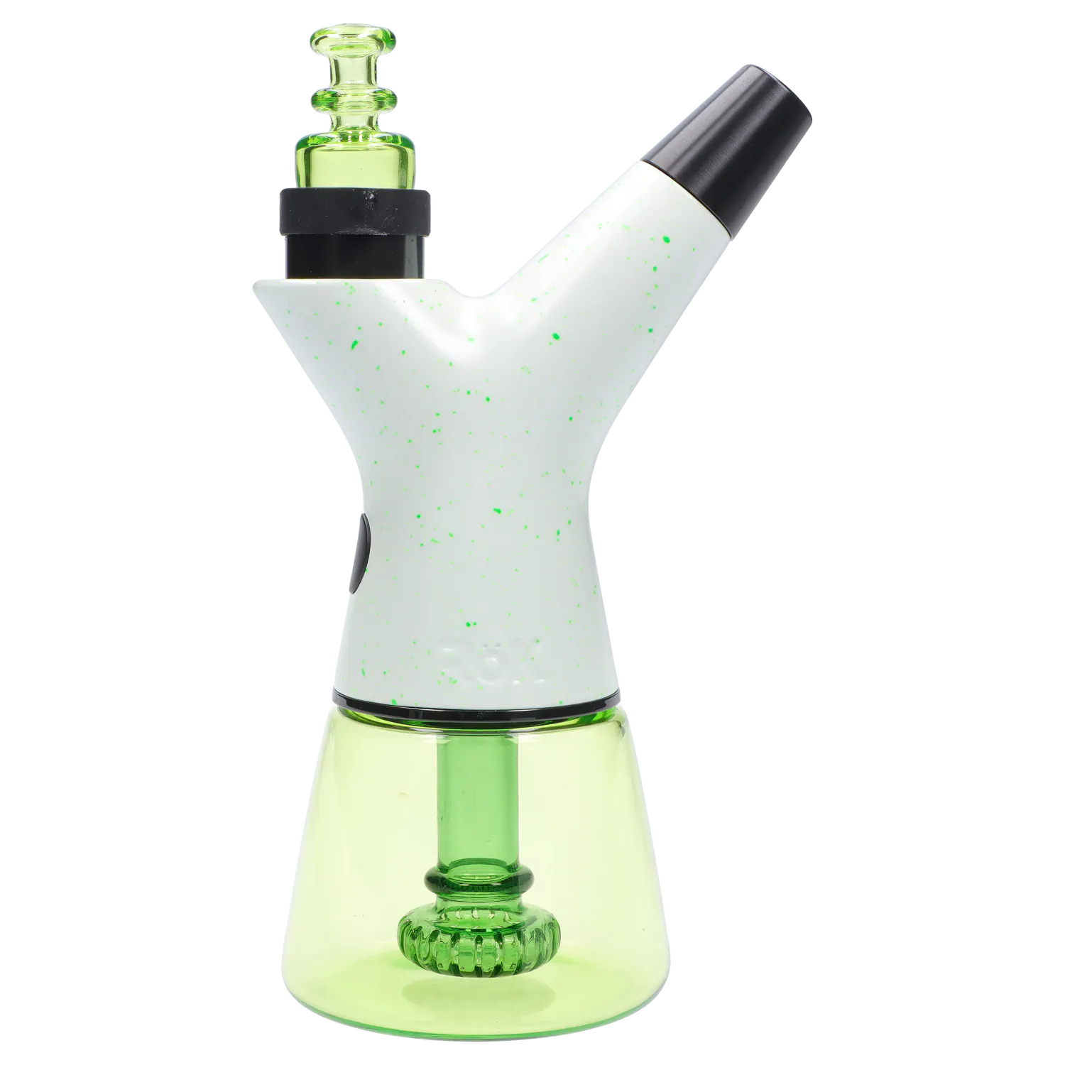 Side view of the Pulsar Rok - Limited Edition - Luna showing a white speckled Y-shaped top with a black mouthpiece and a translucent green glass base.