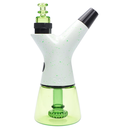 Side view of the Pulsar Rok - Limited Edition - Luna showing a white speckled Y-shaped top with a black mouthpiece and a translucent green glass base.