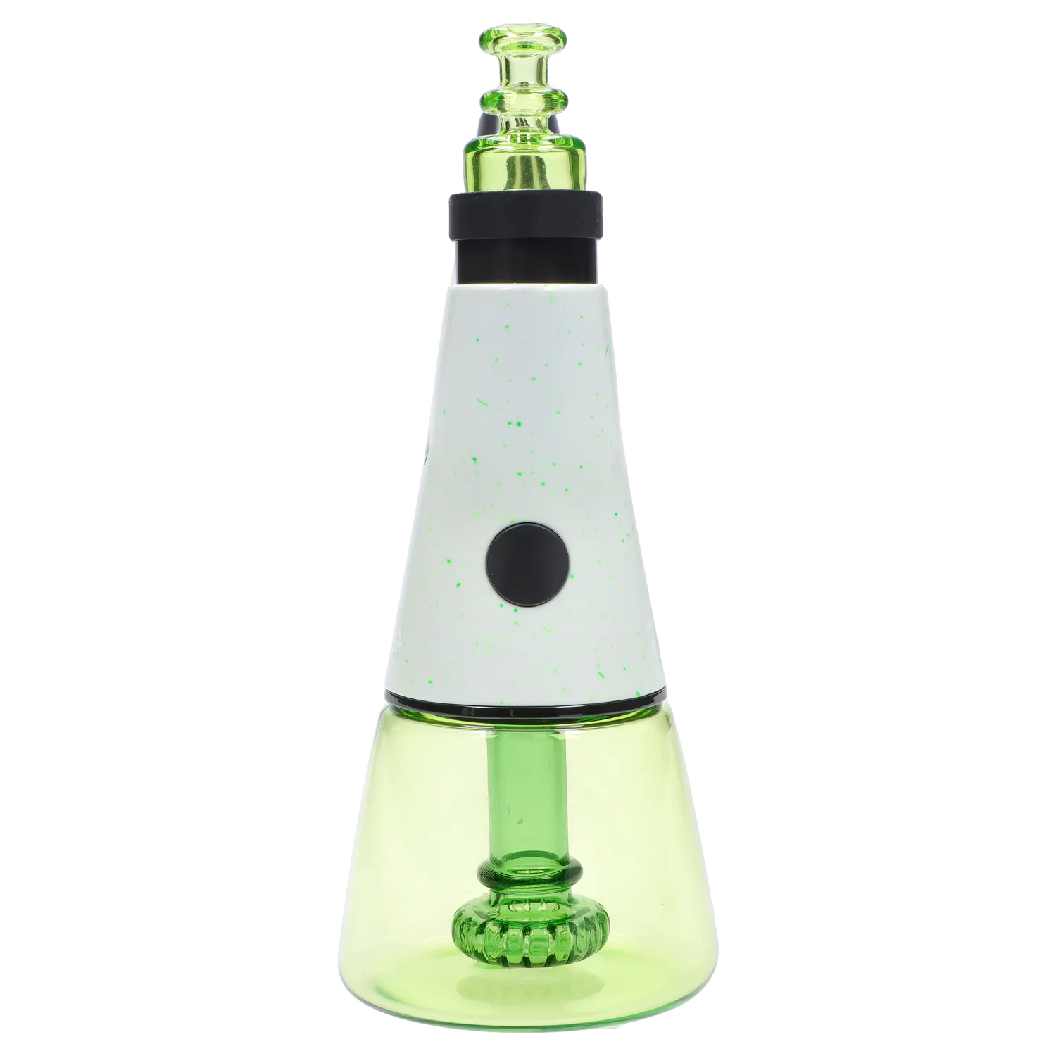 Centered front view of the Pulsar Rok - Limited Edition - Luna showing a white speckled conical top with a black button and a translucent green glass base and mouthpiece.