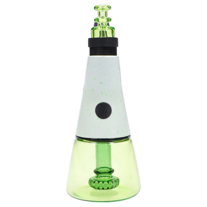 Centered front view of the Pulsar Rok - Limited Edition - Luna showing a white speckled conical top with a black button and a translucent green glass base and mouthpiece.