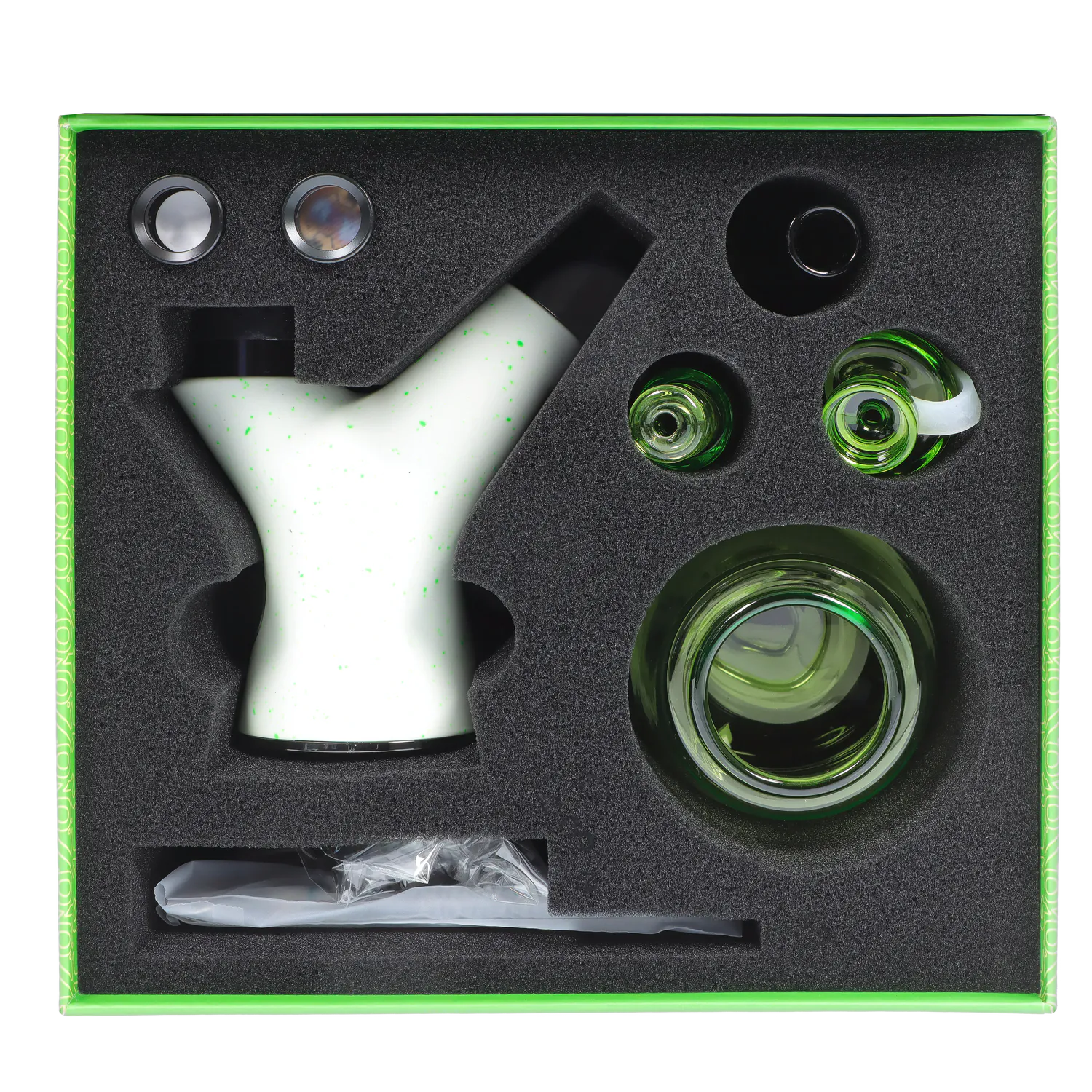Top-down view of the Pulsar Rok - Limited Edition - Luna kit showing a white speckled Y-shaped main piece and green glass components nested in black foam.