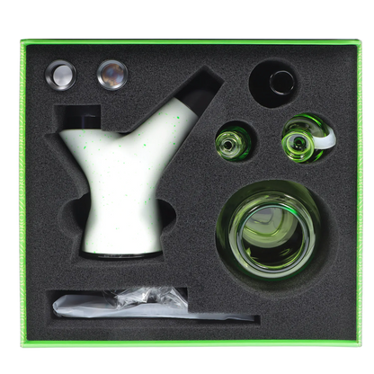 Top-down view of the Pulsar Rok - Limited Edition - Luna kit showing a white speckled Y-shaped main piece and green glass components nested in black foam.