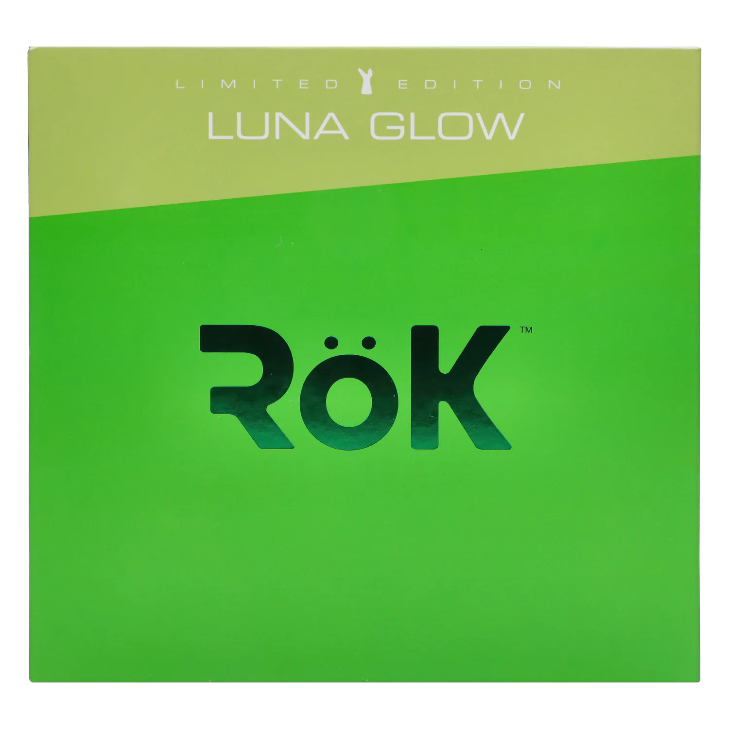 Top-down view of a bright green box front labeled "Pulsar Rok - Limited Edition - Luna" with a large glossy RÖK logo centered beneath the pale "LUNA GLOW" header.