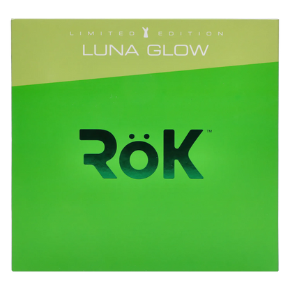 Top-down view of a bright green box front labeled "Pulsar Rok - Limited Edition - Luna" with a large glossy RÖK logo centered beneath the pale "LUNA GLOW" header.