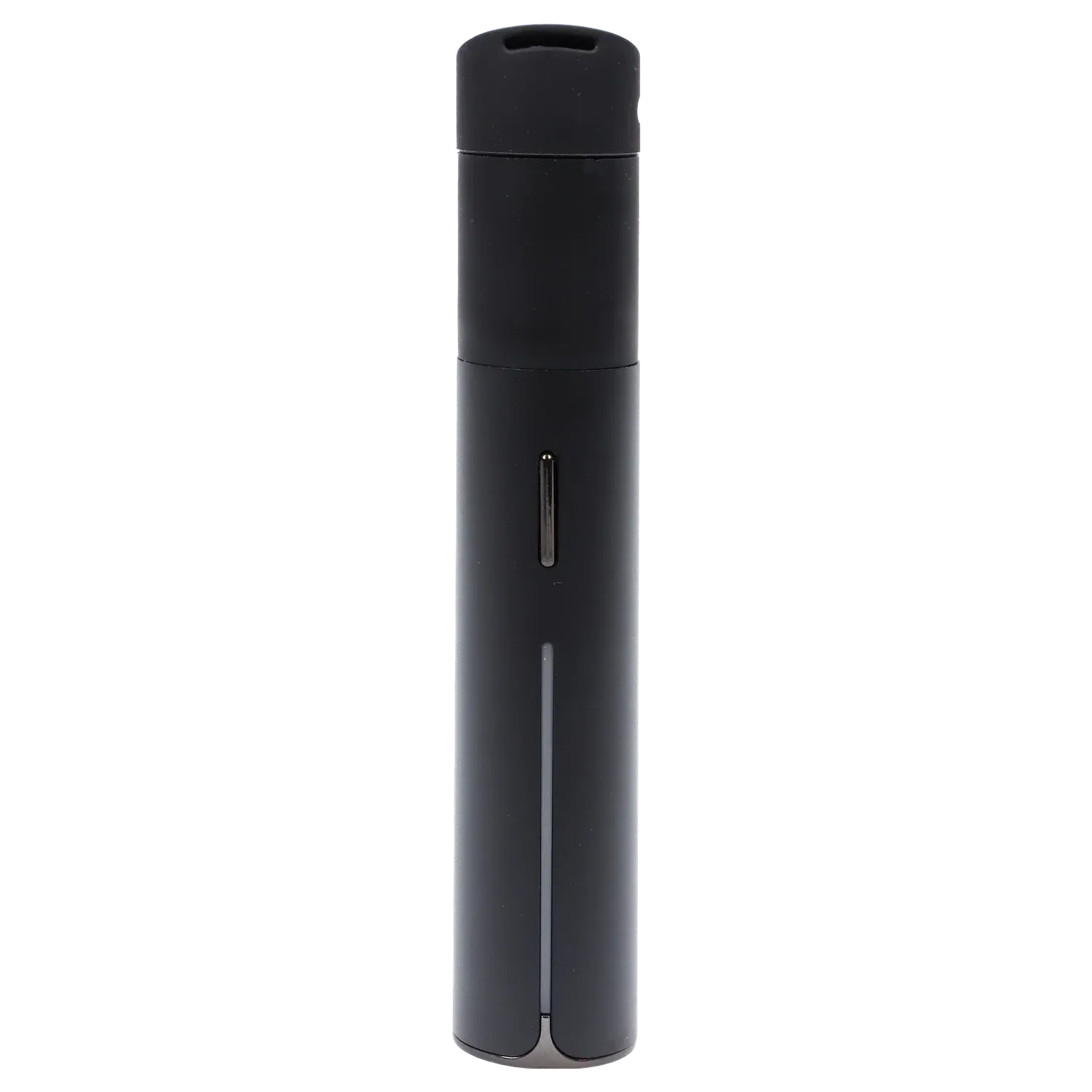 Centered front view of the black Puffco Pivot - Onyx standing upright against a white background, showing its cylindrical body and slim vertical indicator.