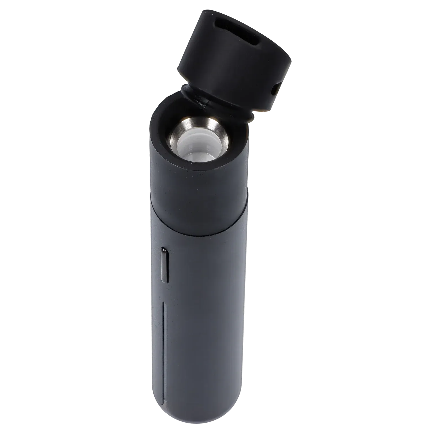 Top-down close-up of the black Puffco Pivot - Onyx showing the open angled chamber and matte body against a gray background