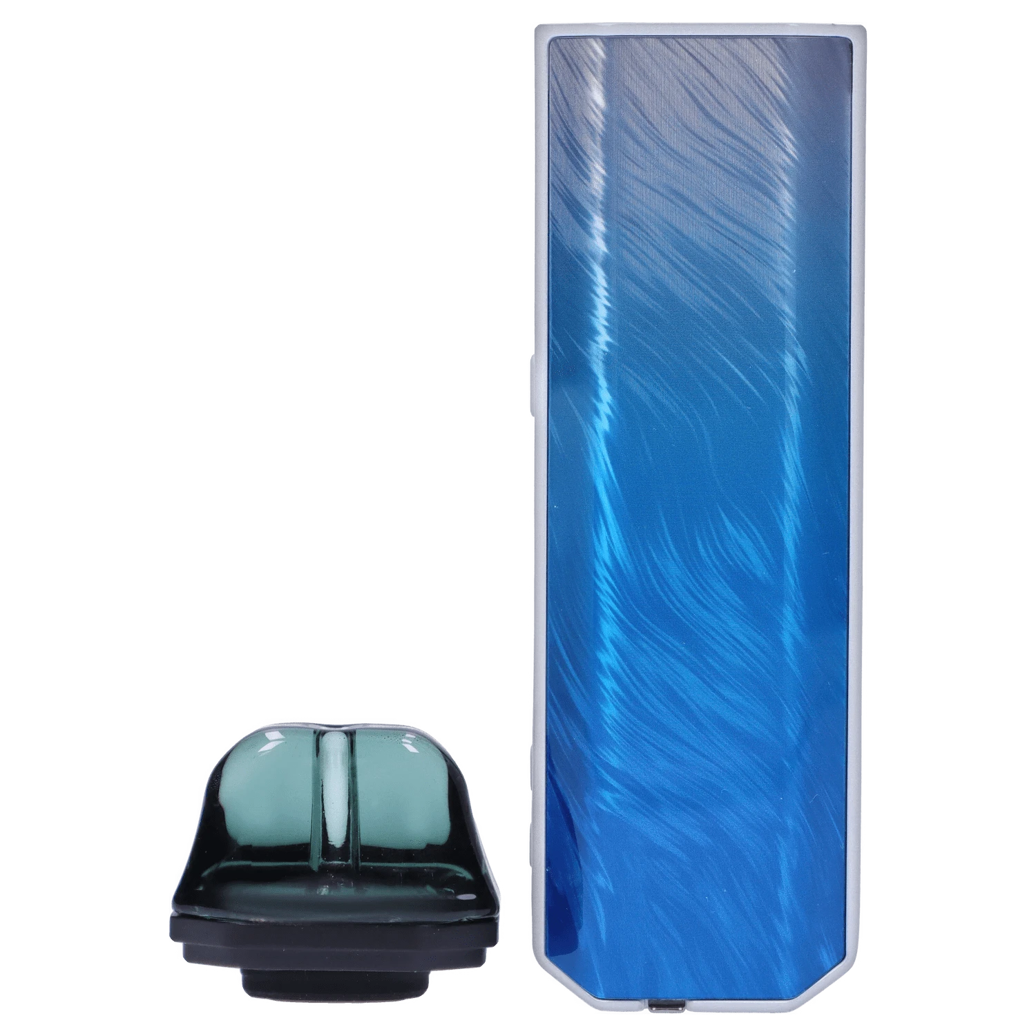 Close-up front view of the blue Frostwave XVAPE - Aria Plus Dual Use Vaporizer body beside its translucent mouthpiece.