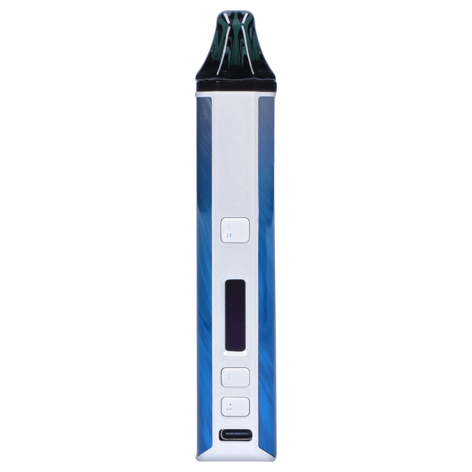 Close-up vertical front view of the blue-and-white XVAPE - Aria Plus Dual Use Vaporizer - Frostwave showing buttons and mouthpiece.