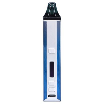 Close-up vertical front view of the blue-and-white XVAPE - Aria Plus Dual Use Vaporizer - Frostwave showing buttons and mouthpiece.