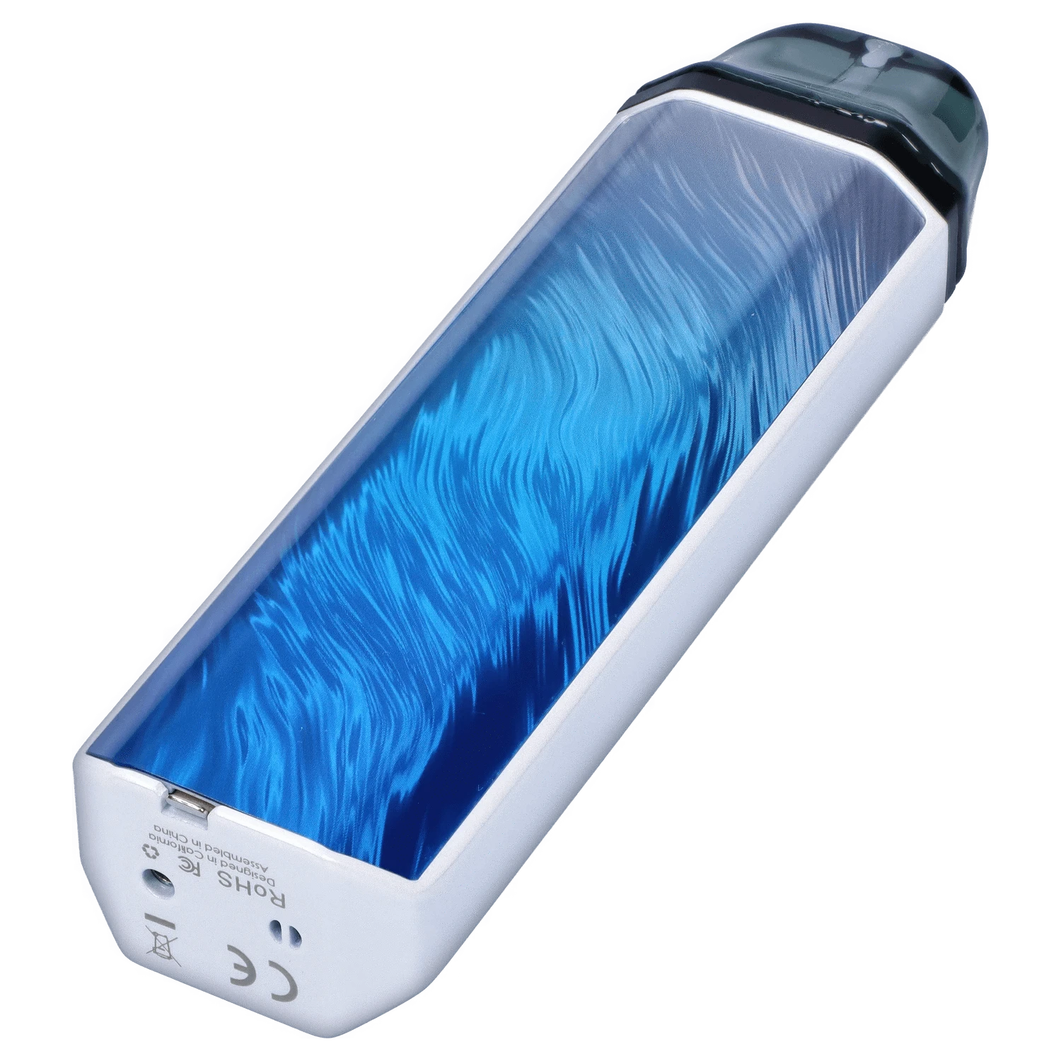 Angled close-up of the XVAPE - Aria Plus Dual Use Vaporizer - Frostwave showing its glossy blue swirled panel and white frame against a plain background